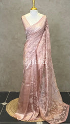 SILK ORGANZA TISSUE APPLIQUE EMBROIDERY SAREE - PASTEL PINK