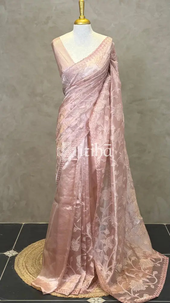 SILK ORGANZA TISSUE APPLIQUE EMBROIDERY SAREE - PASTEL PINK