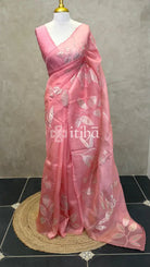 SILK ORGANZA TISSUE APPLIQUE EMBROIDERY SAREE - PEACH