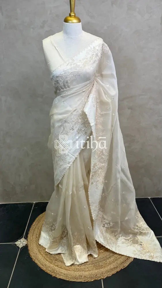 SILK ORGANZA TUSSAR APPLIQUE EMBROIDERY SAREE