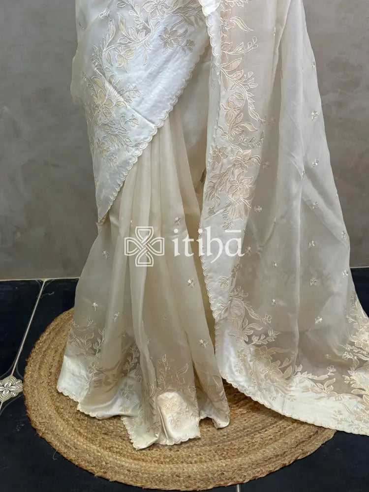 SILK ORGANZA TUSSAR APPLIQUE EMBROIDERY SAREE