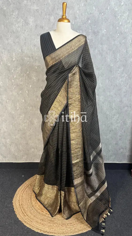 SILK ORGANZA ZARI CRUSH BANARASI SAREE - BLACK