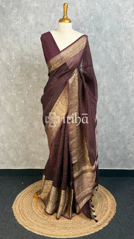 SILK ORGANZA ZARI CRUSH BANARASI SAREE - COFFE BROWN