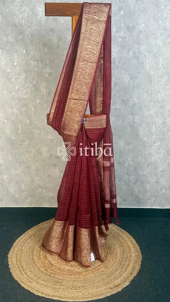 SILK ORGANZA ZARI CRUSH BANARASI SAREE - MAROON