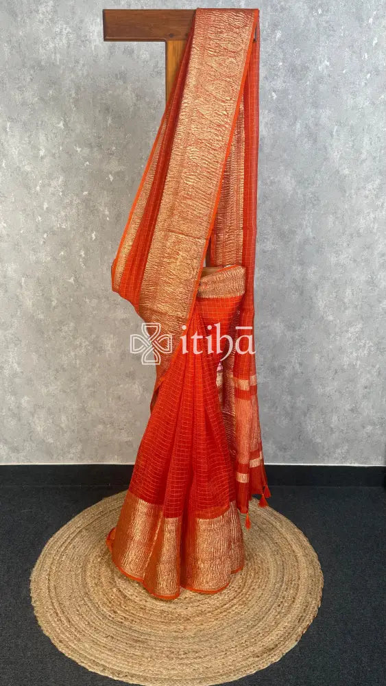 SILK ORGANZA ZARI CRUSH BANARASI SAREE - ORANGE