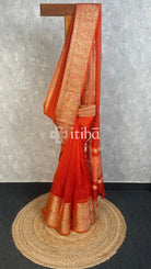 SILK ORGANZA ZARI CRUSH BANARASI SAREE - ORANGE