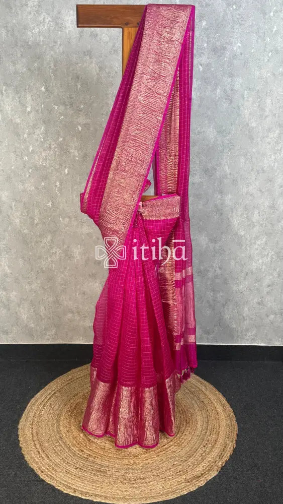 SILK ORGANZA ZARI CRUSH BANARASI SAREE - PINK