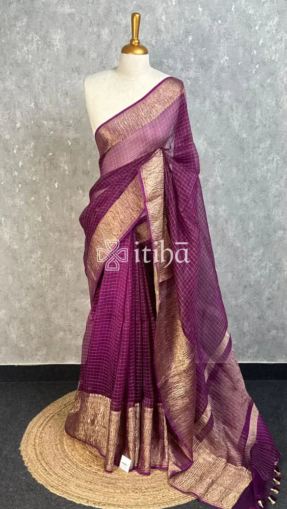SILK ORGANZA ZARI CRUSH BANARASI SAREE - PLUM PURPLE