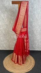 SILK ORGANZA ZARI CRUSH BANARASI SAREE - RED