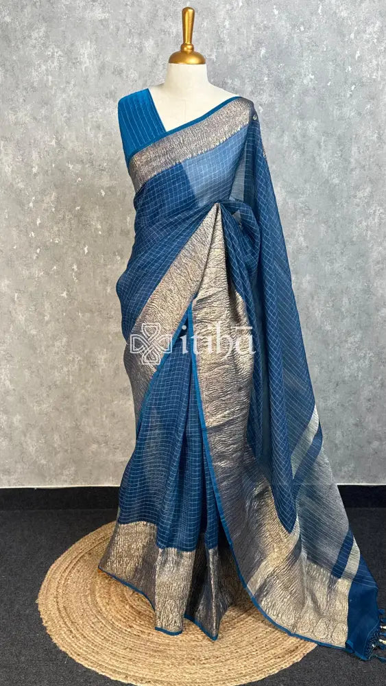 SILK ORGANZA ZARI CRUSH BANARASI SAREE - TEAL BLUE