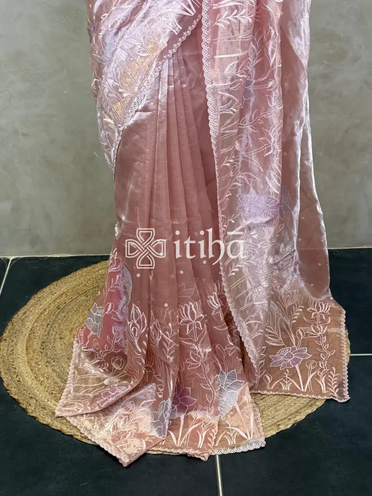 SILK TISSUE ORGANZA APPLIQUE EMBROIDERY SAREE