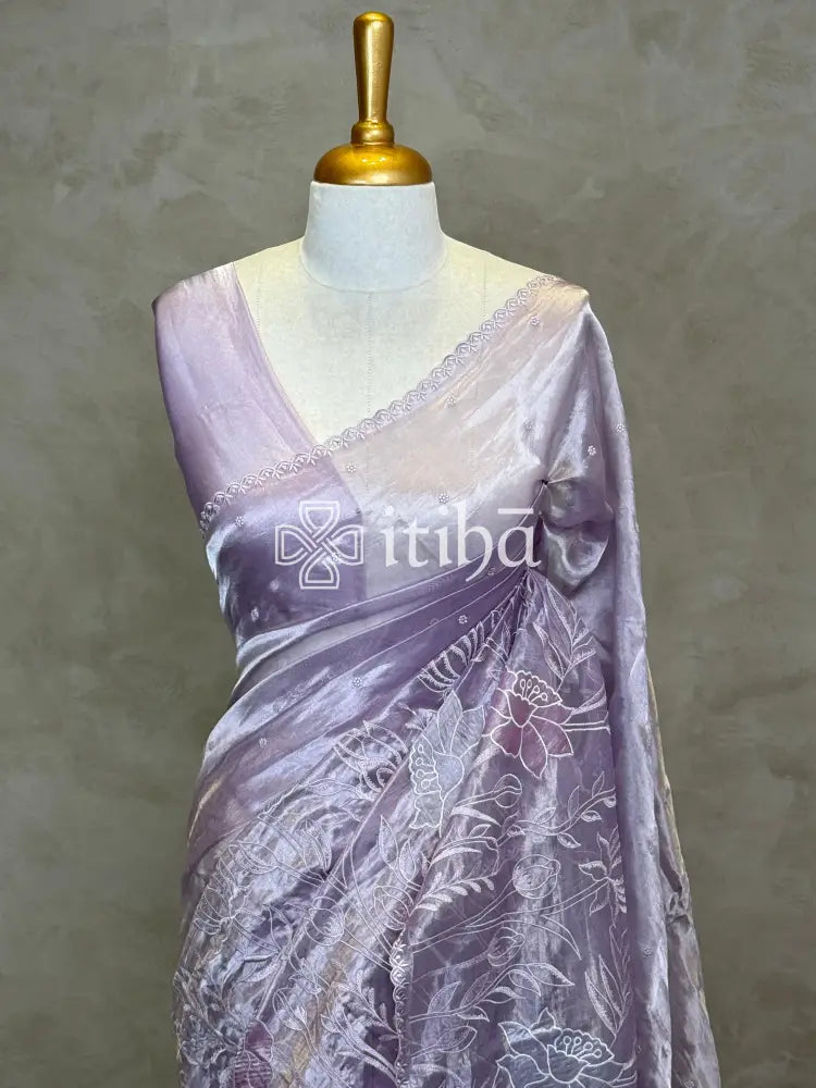 SILK TISSUE ORGANZA APPLIQUE EMBROIDERY SAREE
