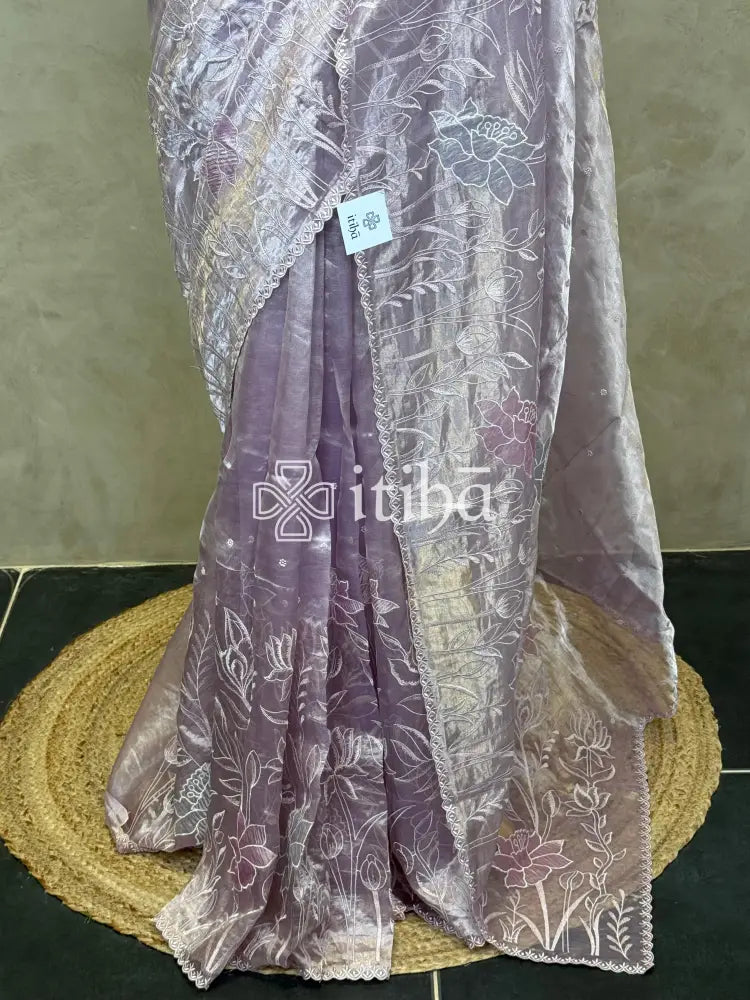 SILK TISSUE ORGANZA APPLIQUE EMBROIDERY SAREE