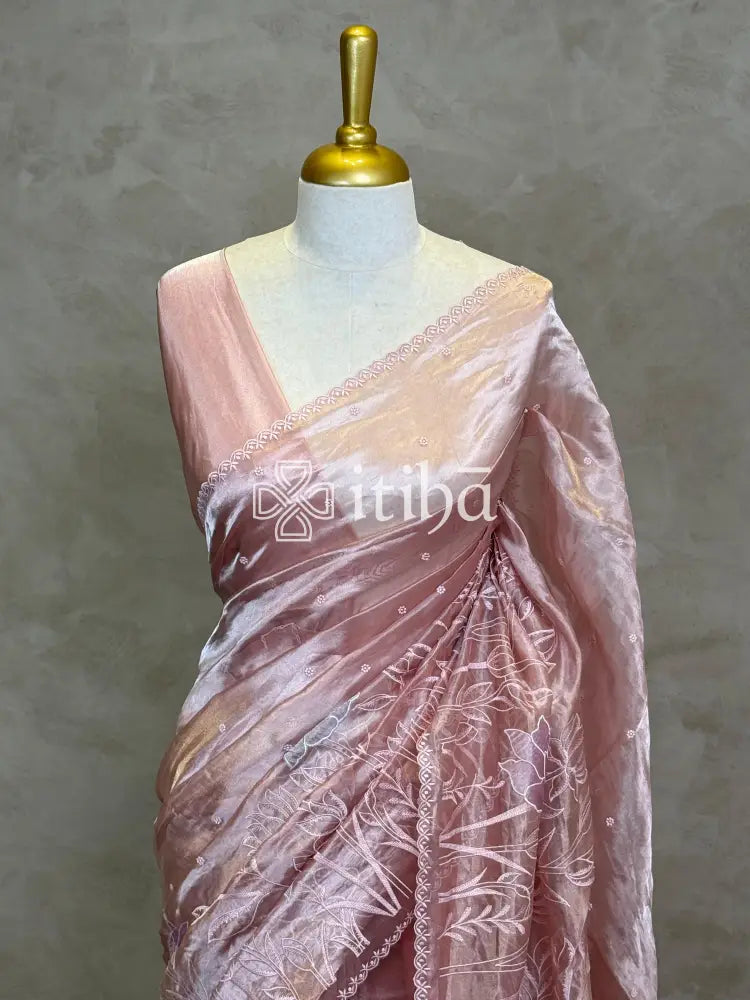 SILK TISSUE ORGANZA APPLIQUE EMBROIDERY SAREE