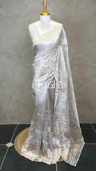 SILK TISSUE ORGANZA APPLIQUE EMBROIDERY SAREE - CREAM IVORY