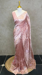 SILK TISSUE ORGANZA APPLIQUE EMBROIDERY SAREE - PEACH