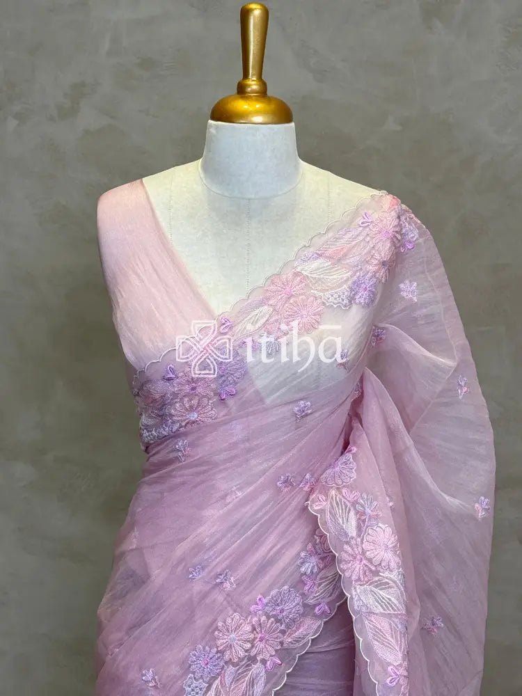 SOFT ORGANZA APPLIQUE EMBROIDERY SAREE