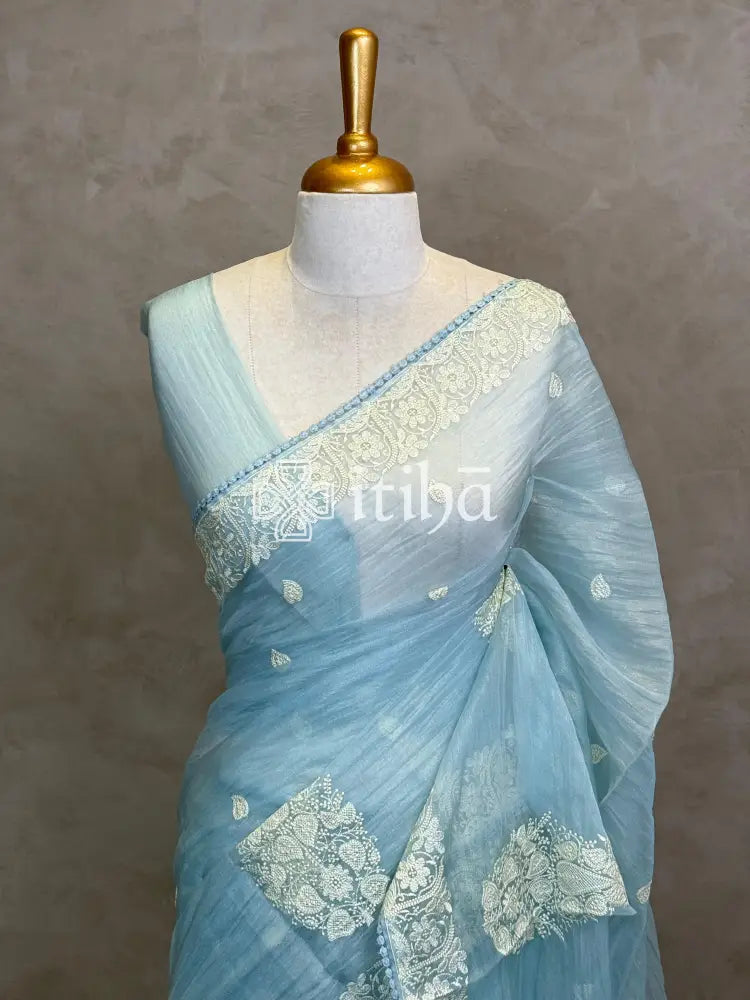 SOFT ORGANZA APPLIQUE EMBROIDERY SAREE
