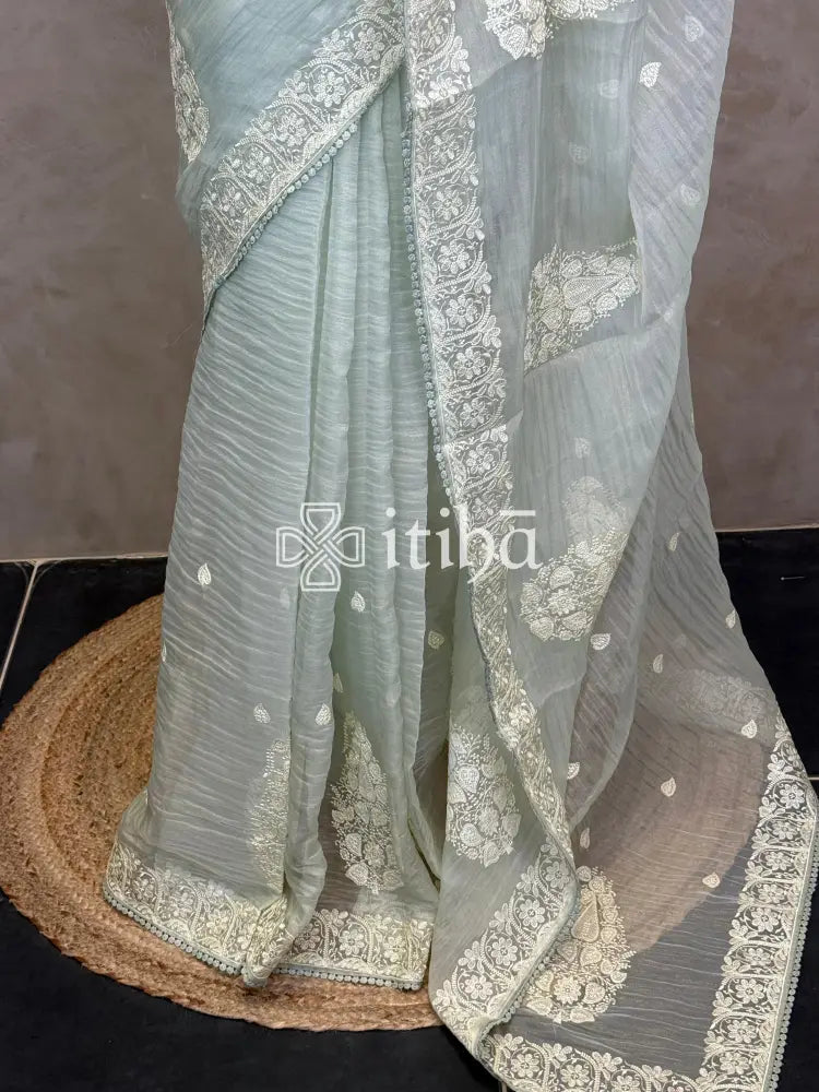 SOFT ORGANZA APPLIQUE EMBROIDERY SAREE