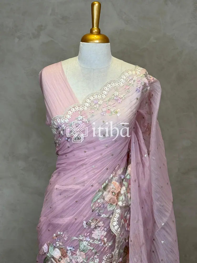 SOFT ORGANZA APPLIQUE EMBROIDERY SAREE