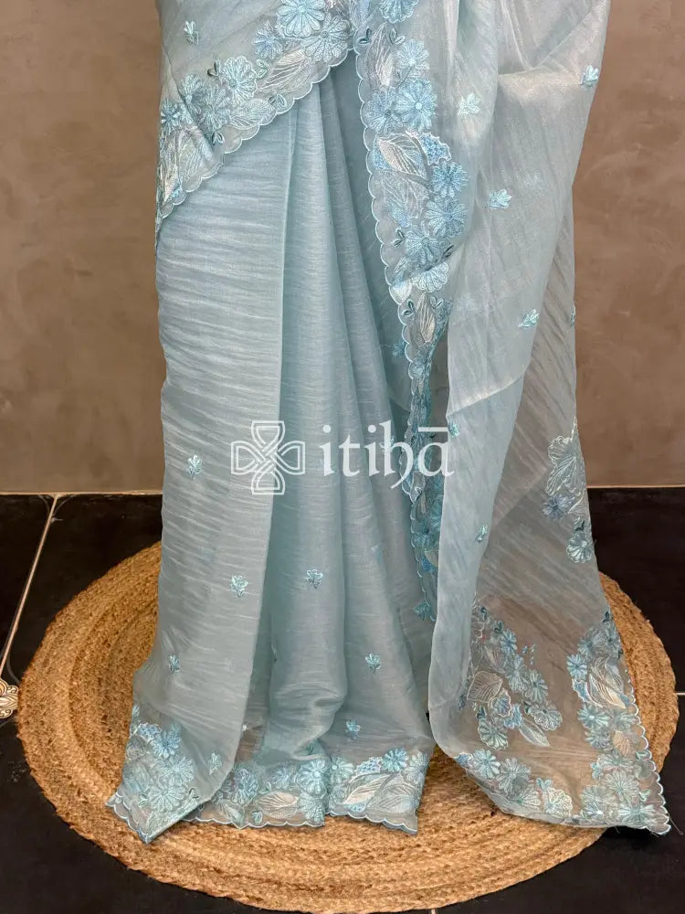 SOFT ORGANZA APPLIQUE EMBROIDERY SAREE