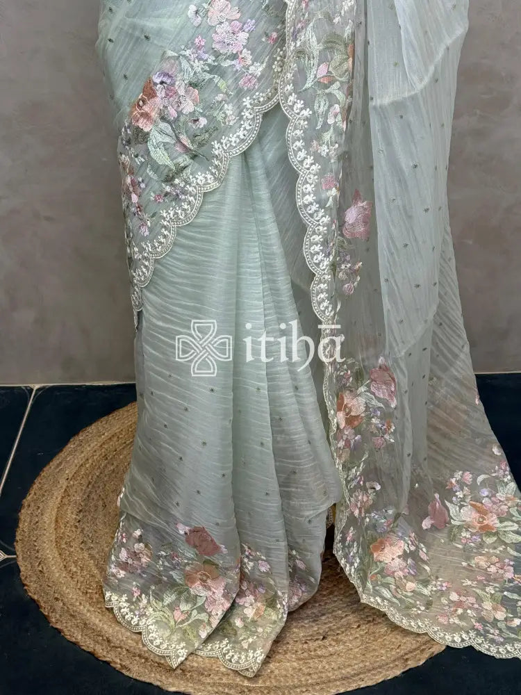 SOFT ORGANZA APPLIQUE EMBROIDERY SAREE