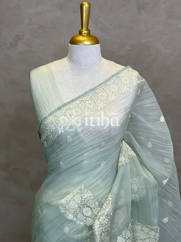 SOFT ORGANZA APPLIQUE EMBROIDERY SAREE