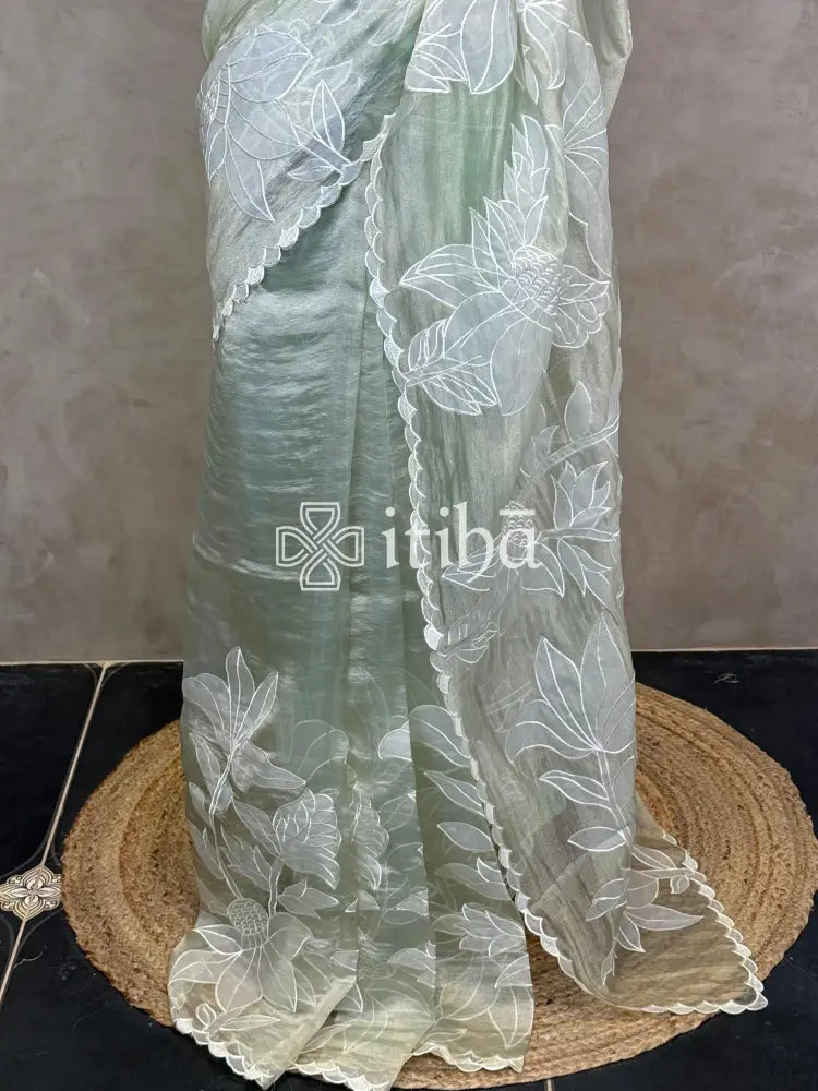 SOFT ORGANZA APPLIQUE EMBROIDERY SAREE