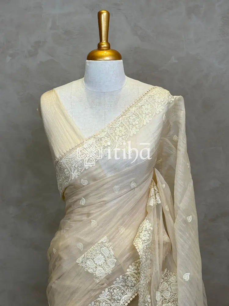 SOFT ORGANZA APPLIQUE EMBROIDERY SAREE