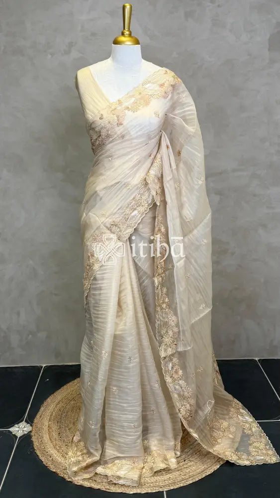 SOFT ORGANZA APPLIQUE EMBROIDERY SAREE - Beige