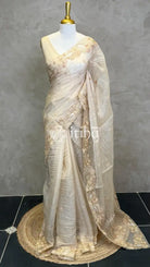 SOFT ORGANZA APPLIQUE EMBROIDERY SAREE - Beige