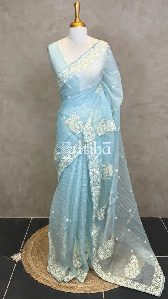 SOFT ORGANZA APPLIQUE EMBROIDERY SAREE - LIGHT BLUE