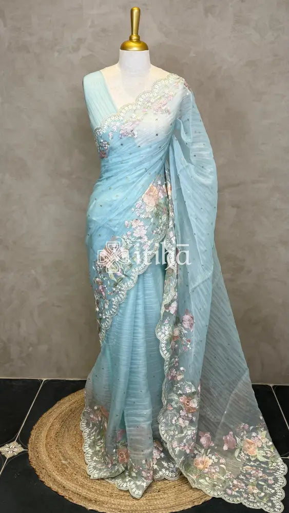 SOFT ORGANZA APPLIQUE EMBROIDERY SAREE - LIGHT BLUE