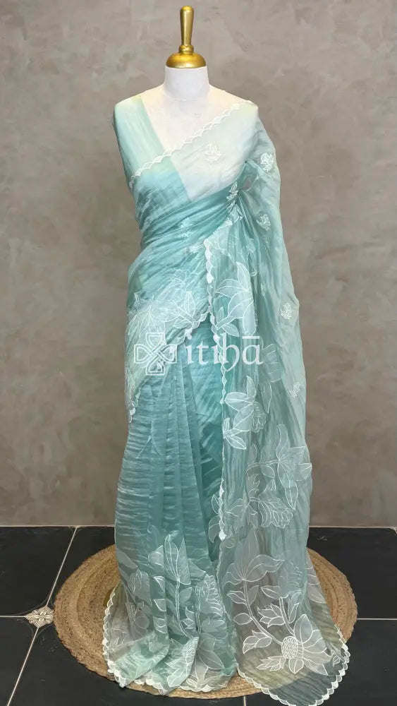 SOFT ORGANZA APPLIQUE EMBROIDERY SAREE - LIGHT BLUE