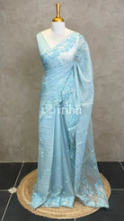 SOFT ORGANZA APPLIQUE EMBROIDERY SAREE - LIGHT BLUE