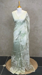 SOFT ORGANZA APPLIQUE EMBROIDERY SAREE - LIGHT GREEN