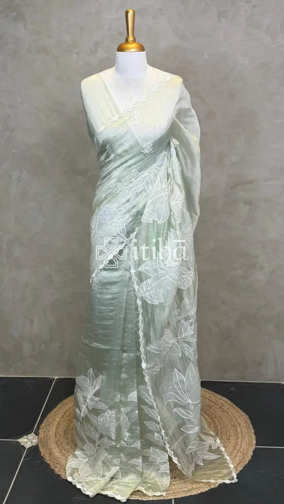 SOFT ORGANZA APPLIQUE EMBROIDERY SAREE - LIGHT GREEN