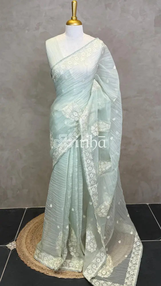 SOFT ORGANZA APPLIQUE EMBROIDERY SAREE - LIGHT GREEN