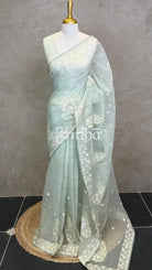 SOFT ORGANZA APPLIQUE EMBROIDERY SAREE - LIGHT GREEN