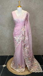 SOFT ORGANZA APPLIQUE EMBROIDERY SAREE - LIGHT PINK