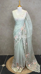 SOFT ORGANZA APPLIQUE EMBROIDERY SAREE - PASTEL PISTA GREEN