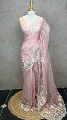SOFT ORGANZA APPLIQUE EMBROIDERY SAREE - PEACH