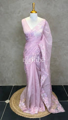 SOFT ORGANZA APPLIQUE EMBROIDERY SAREE - Pink