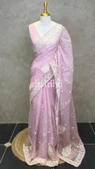 SOFT ORGANZA APPLIQUE EMBROIDERY SAREE - Pink