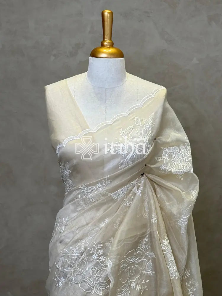TISSUE CHANDERI APPLIQUE EMBROIDERY SAREE