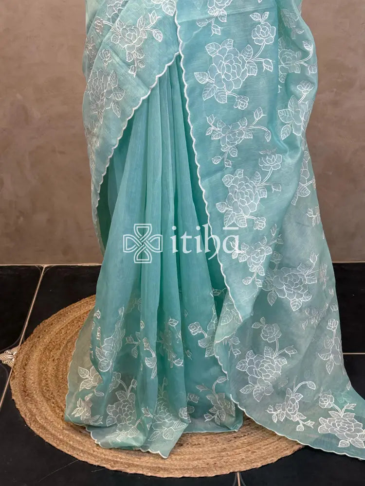 TISSUE CHANDERI APPLIQUE EMBROIDERY SAREE