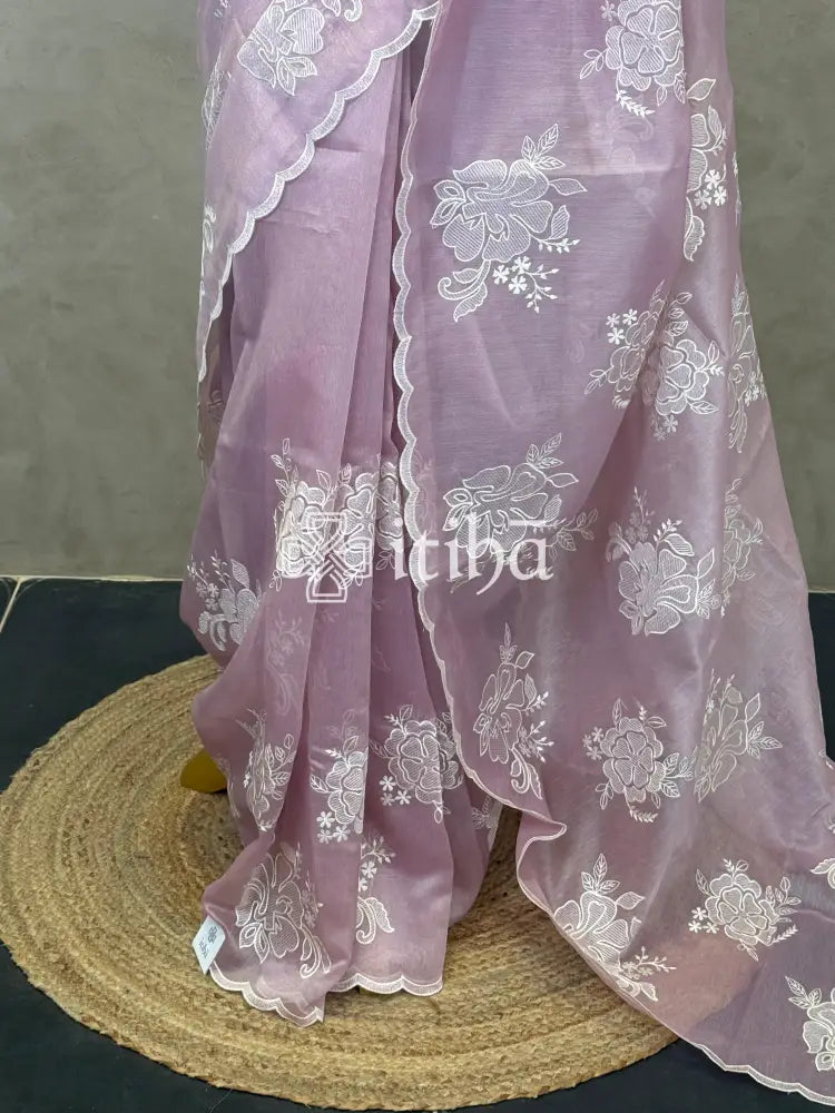TISSUE CHANDERI APPLIQUE EMBROIDERY SAREE