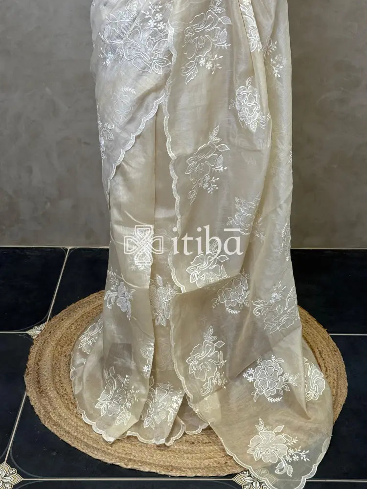 TISSUE CHANDERI APPLIQUE EMBROIDERY SAREE