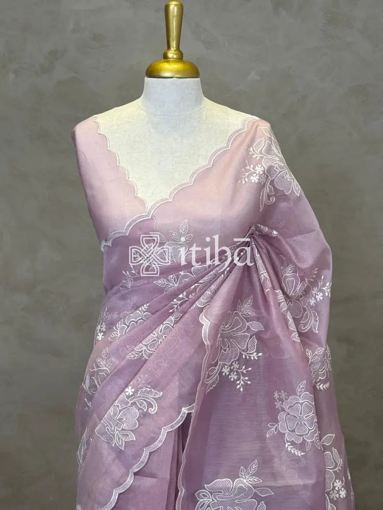 TISSUE CHANDERI APPLIQUE EMBROIDERY SAREE