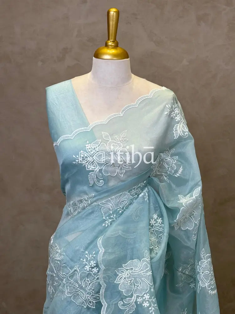 TISSUE CHANDERI APPLIQUE EMBROIDERY SAREE